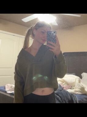 Free People Olive Green Cropped V-Neck Pullover